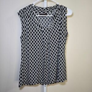 Dana Buchman Women's Sleeveless Top Black White Geometric Print Blouse sz L‎